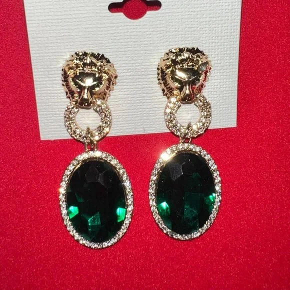 Thalia Sodi Lion Earrings Dangle/Drop with Green Stone NEW